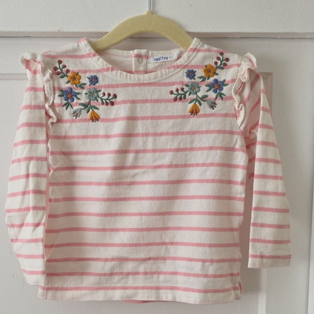 French Organic Cotton Toddler Pink Striped Long Sleeve with Floral Embroidery